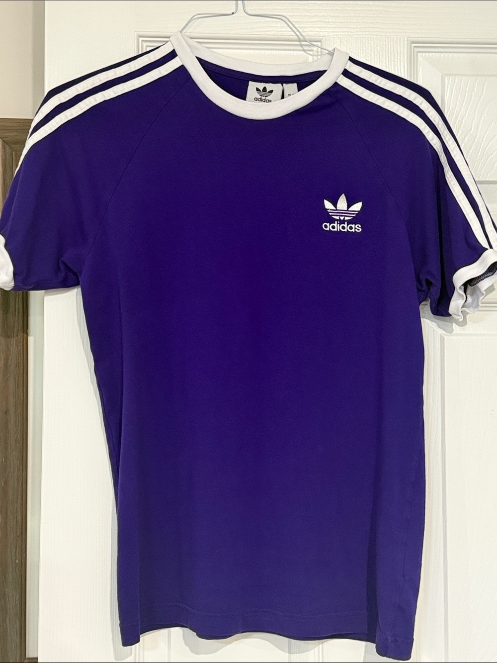 adidas Purple Short Sleeve Trefoil Tee with White Stripes